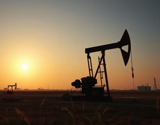 Oil pumpjack silhouette against a sunset sky, representing crude oil markets and geopolitical tensions.