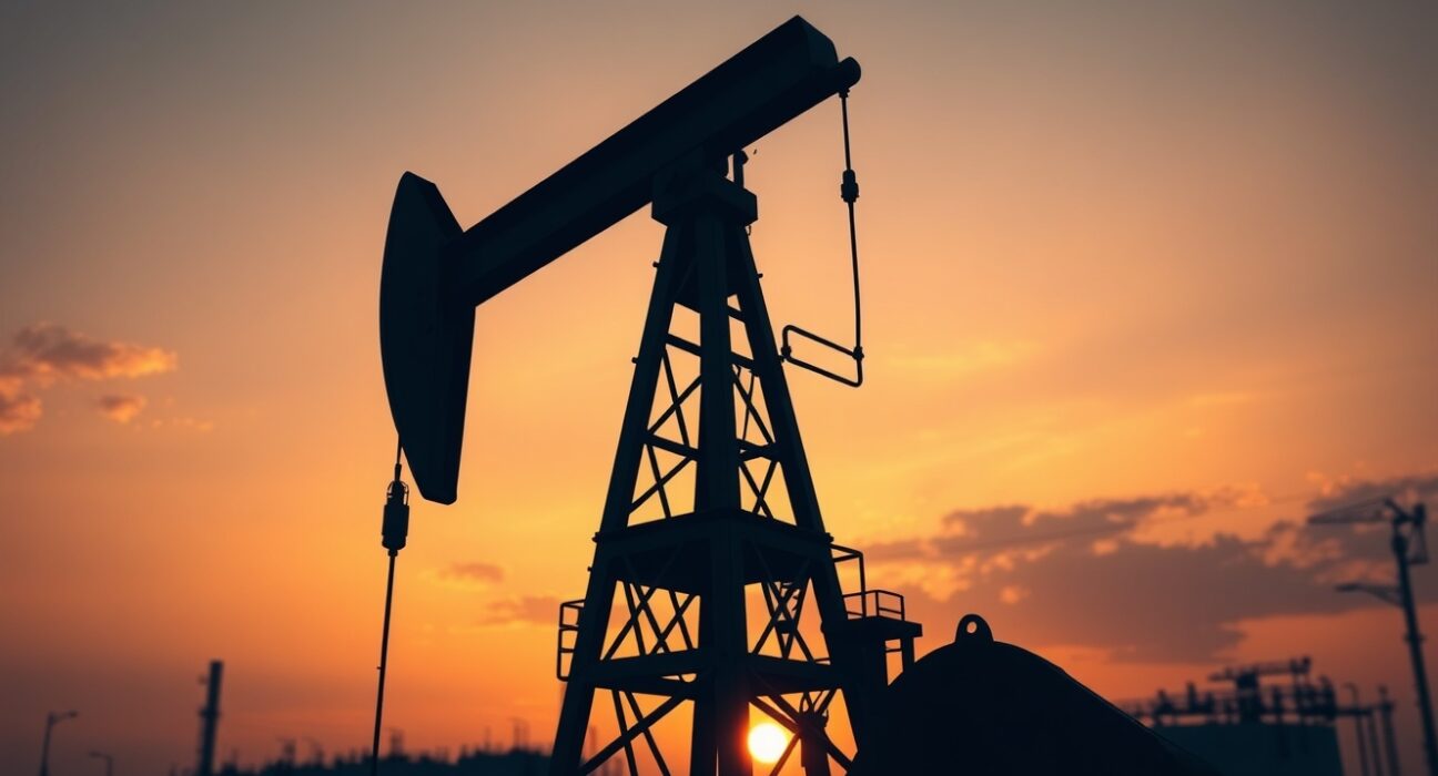 Oil pumpjack silhouette at sunset with refinery in background