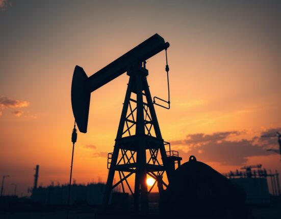Oil pumpjack silhouette at sunset with refinery in background