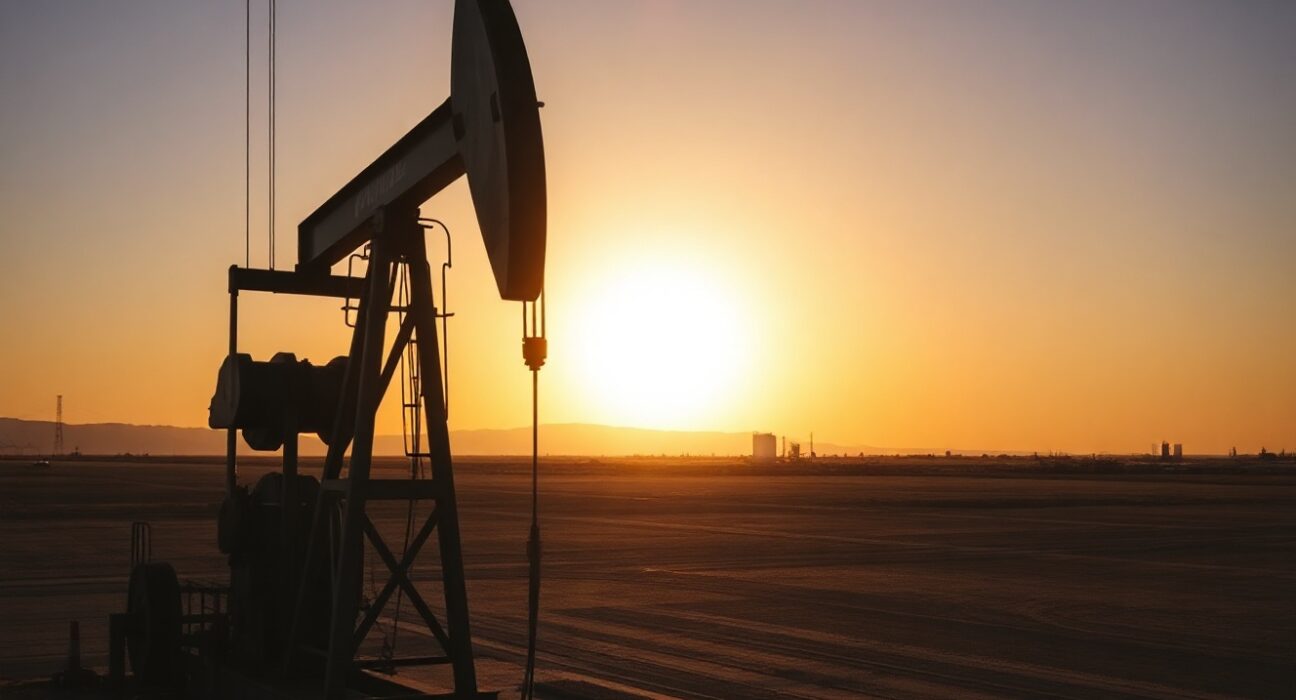 Oil pumpjack silhouetted against sunset, representing supply risks in the oil market.