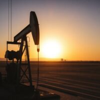 Oil pumpjack silhouetted against sunset, representing supply risks in the oil market.