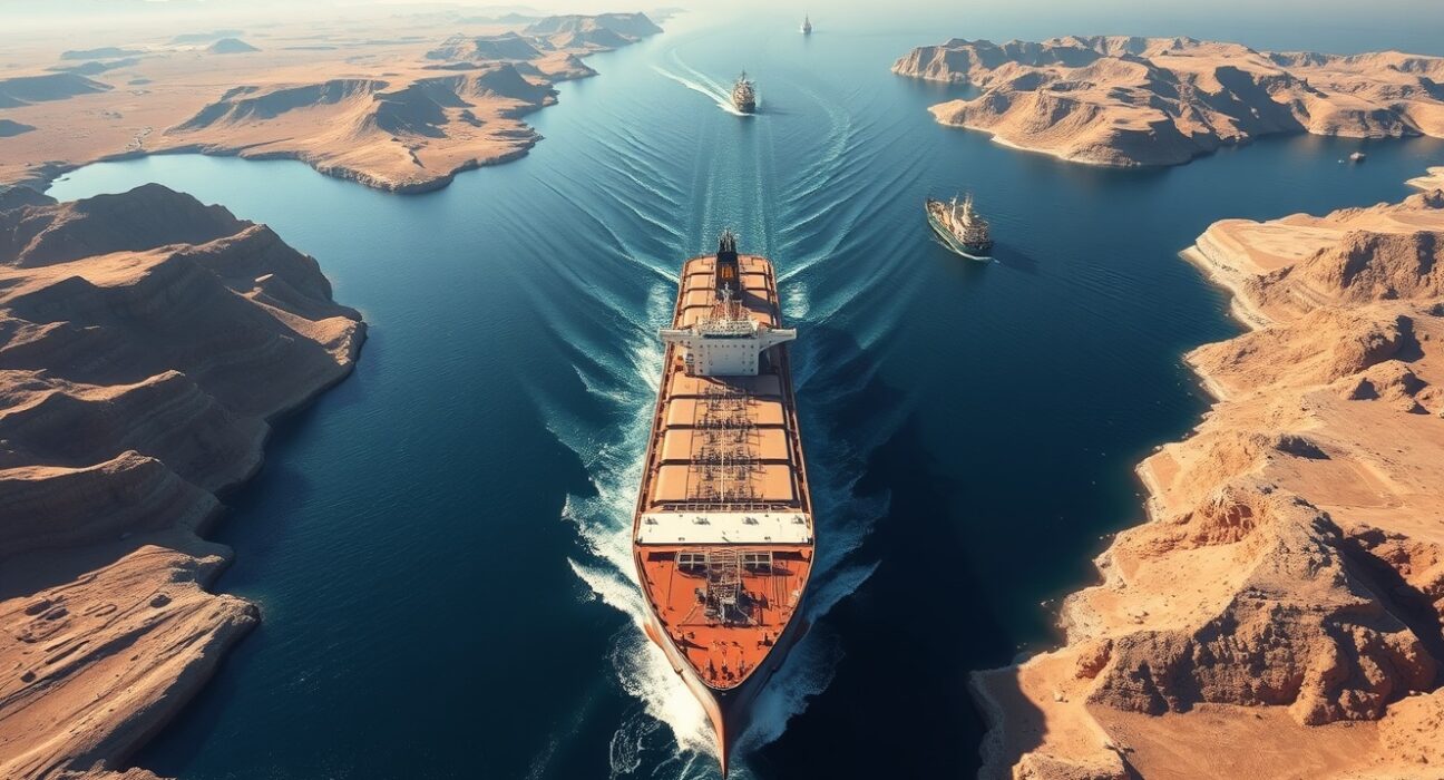 Oil tanker navigating the strategic Strait of Hormuz shipping channel during price surge crisis.