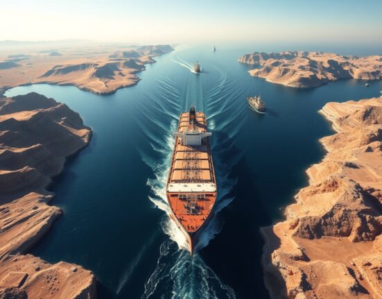 Oil tanker navigating the strategic Strait of Hormuz shipping channel during price surge crisis.
