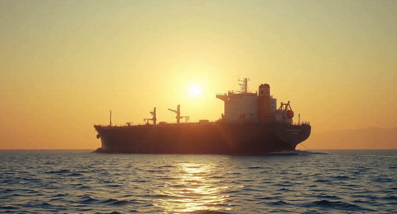 Oil tanker in the Strait of Hormuz, with geopolitical risk supporting oil prices