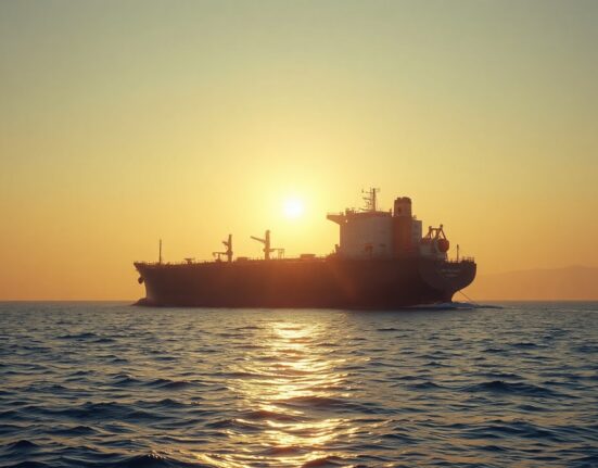 Oil tanker in the Strait of Hormuz, with geopolitical risk supporting oil prices