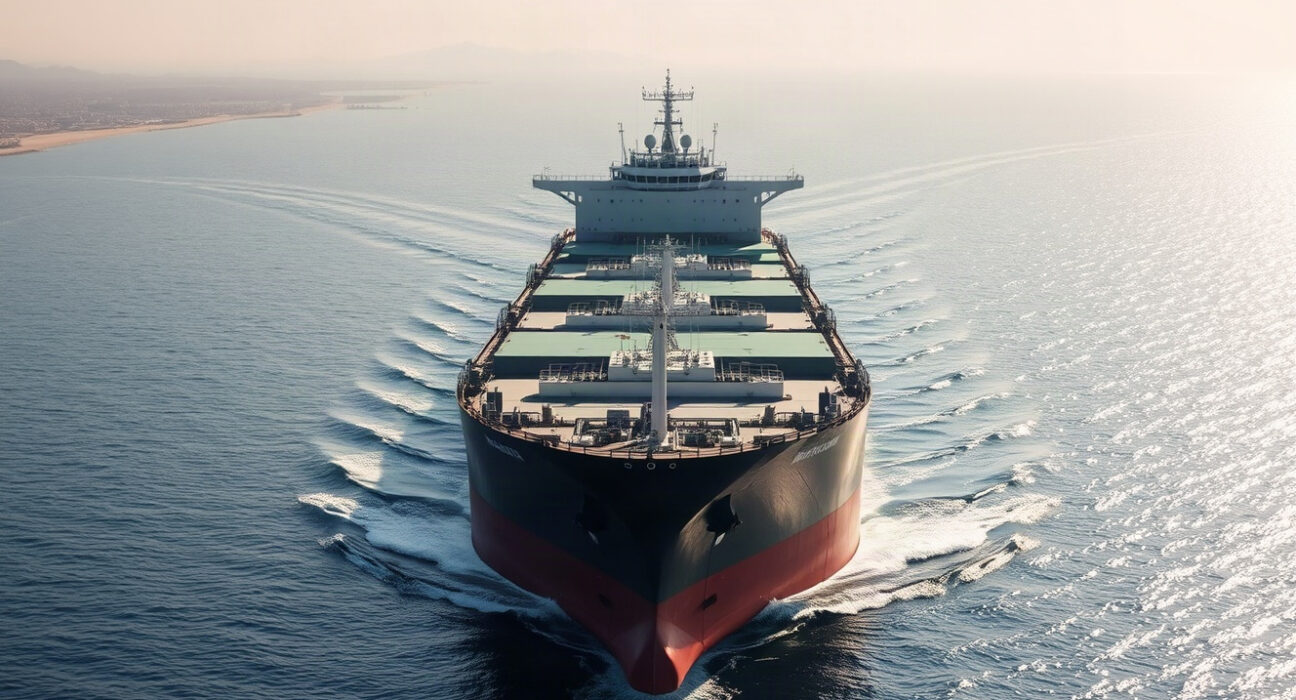 Oil tanker transits the Strait of Hormuz amid supply disruption concerns.