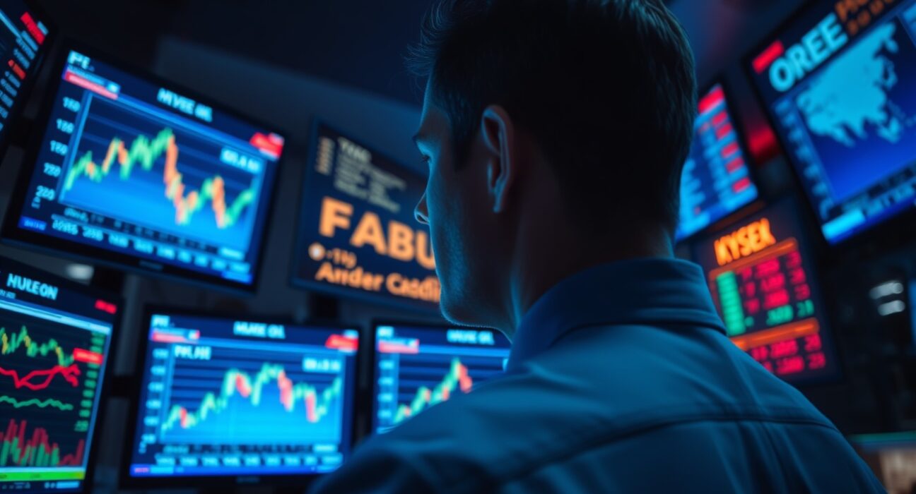 Trader monitoring crude oil price charts on multiple screens in a dim trading floor