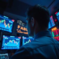 Trader monitoring crude oil price charts on multiple screens in a dim trading floor