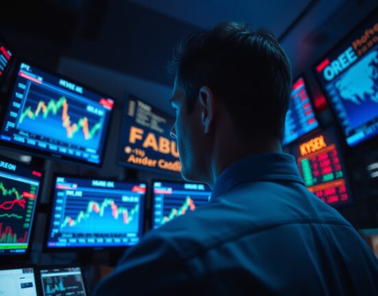 Trader monitoring crude oil price charts on multiple screens in a dim trading floor