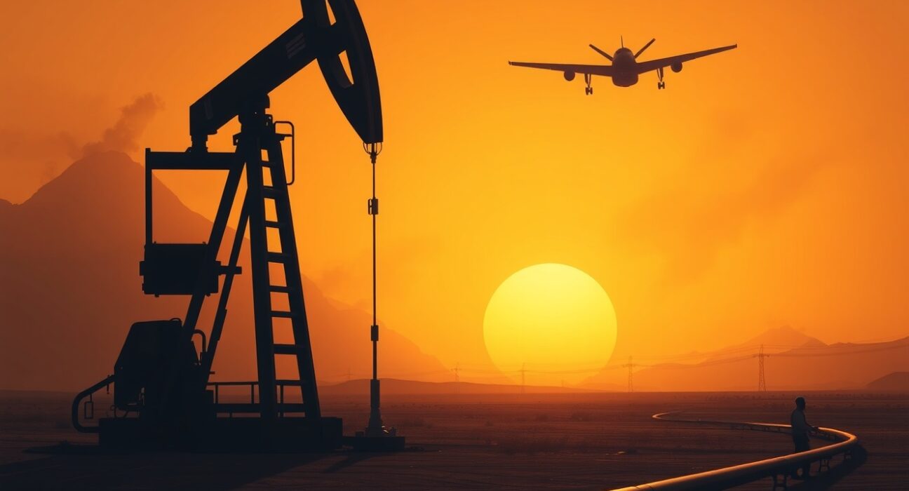 Oil pumpjack silhouetted against smoky sunset sky with military drone, representing Iran conflict impact on oil prices.