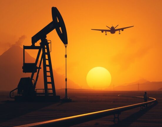 Oil pumpjack silhouetted against smoky sunset sky with military drone, representing Iran conflict impact on oil prices.