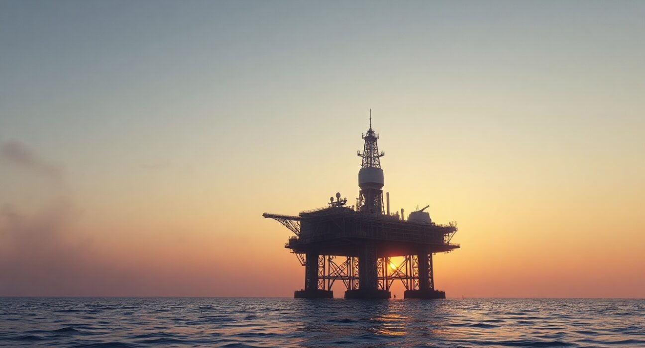 Offshore oil platform in the Persian Gulf at sunset, representing oil supply risks from Iran conflict escalation.