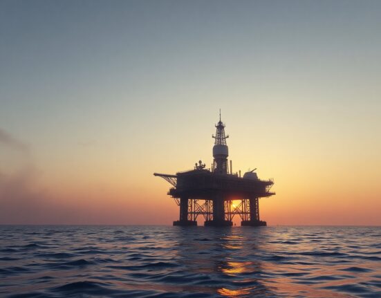 Offshore oil platform in the Persian Gulf at sunset, representing oil supply risks from Iran conflict escalation.