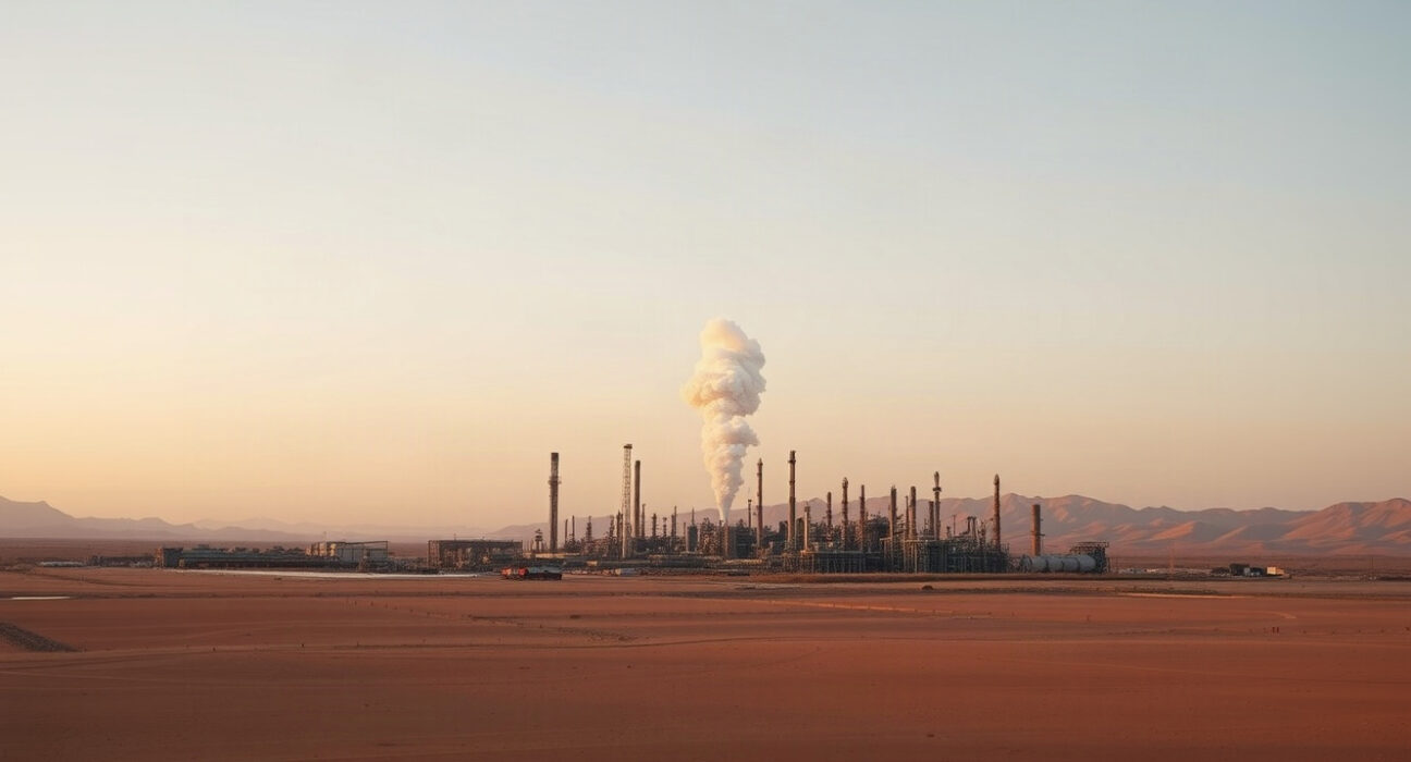 Oil refinery with smoke plume on horizon after explosions near southern Iran