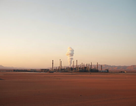 Oil refinery with smoke plume on horizon after explosions near southern Iran