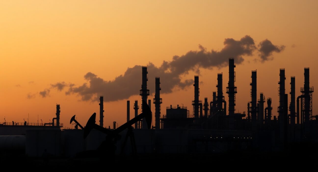 Oil refinery at dusk with pumpjack in foreground, symbolizing rising crude prices due to geopolitical risk.