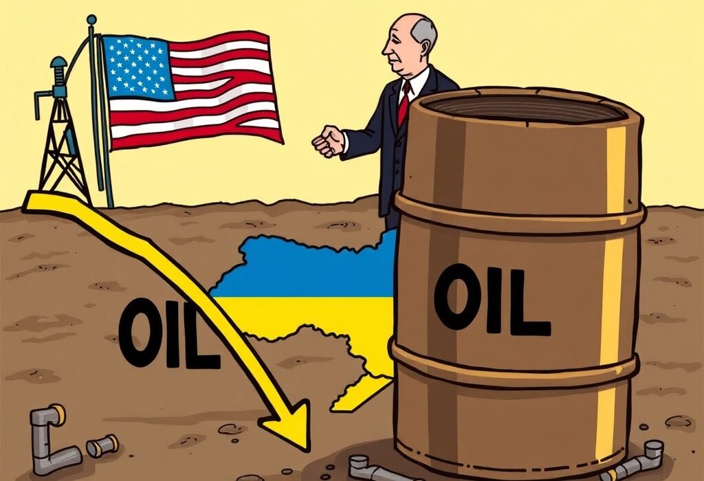 Cartoon illustration showing falling oil prices amidst a US-Russia Ukraine deal, symbolizing easing geopolitical tensions in the energy market.