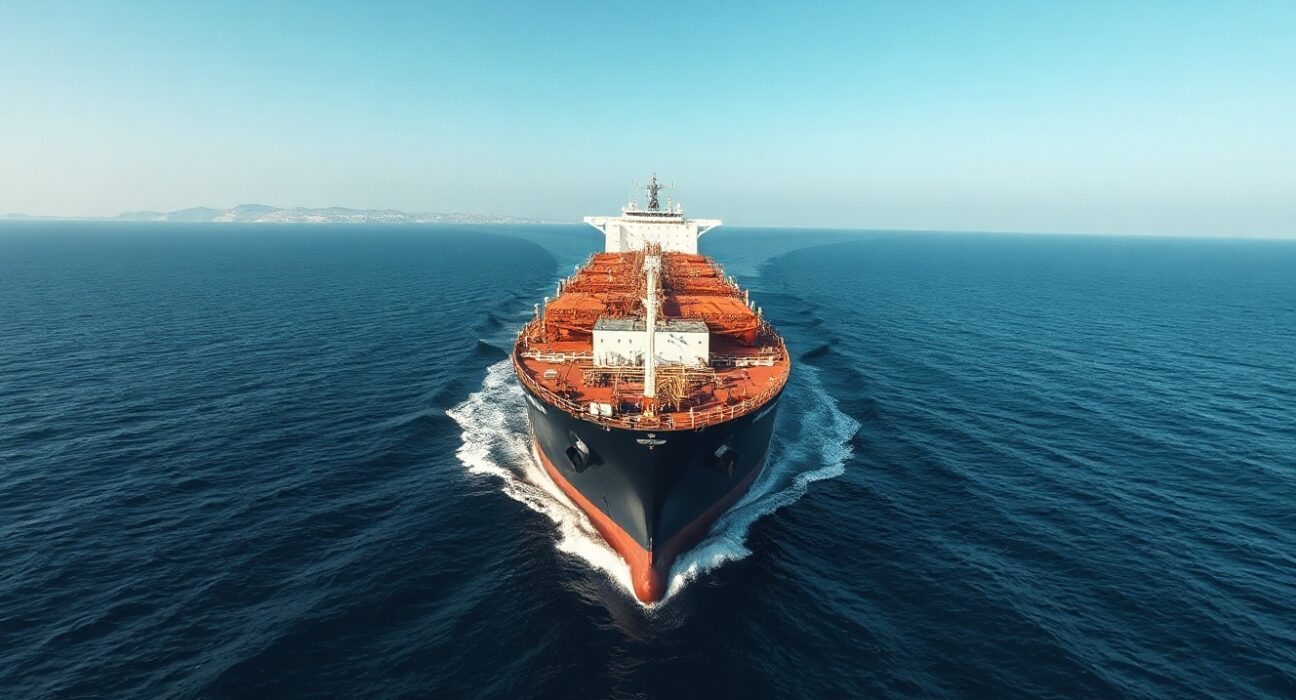 Oil tanker navigating the Strait of Hormuz, a key chokepoint for global crude shipments.