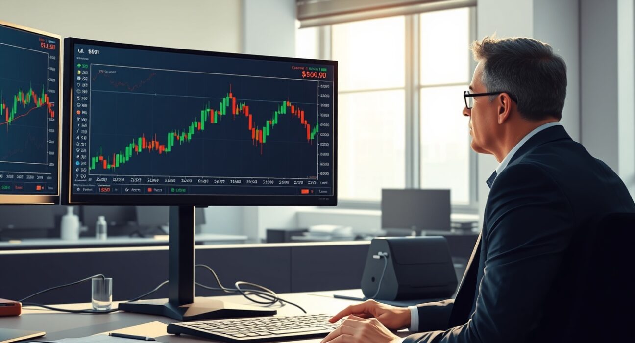 Financial analyst monitoring crude oil price charts showing range-bound trading near $90 per barrel