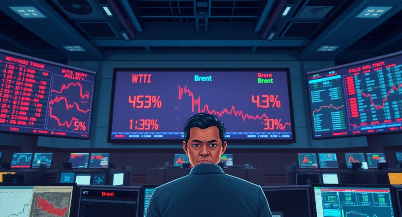 Analyst monitoring falling oil prices on trading desk screens, representing market reaction to geopolitical news.