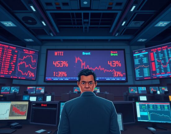 Analyst monitoring falling oil prices on trading desk screens, representing market reaction to geopolitical news.