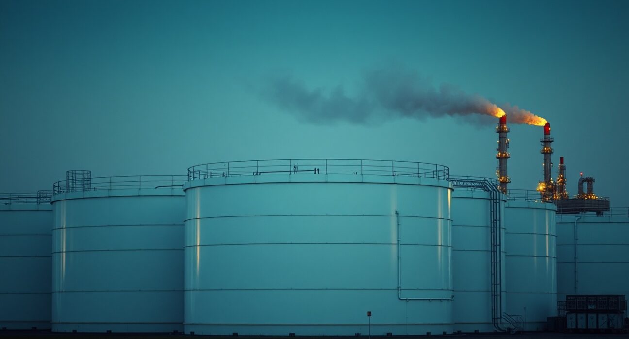 Large white crude oil storage tanks at a refinery under a moody sky, representing oil market volatility.