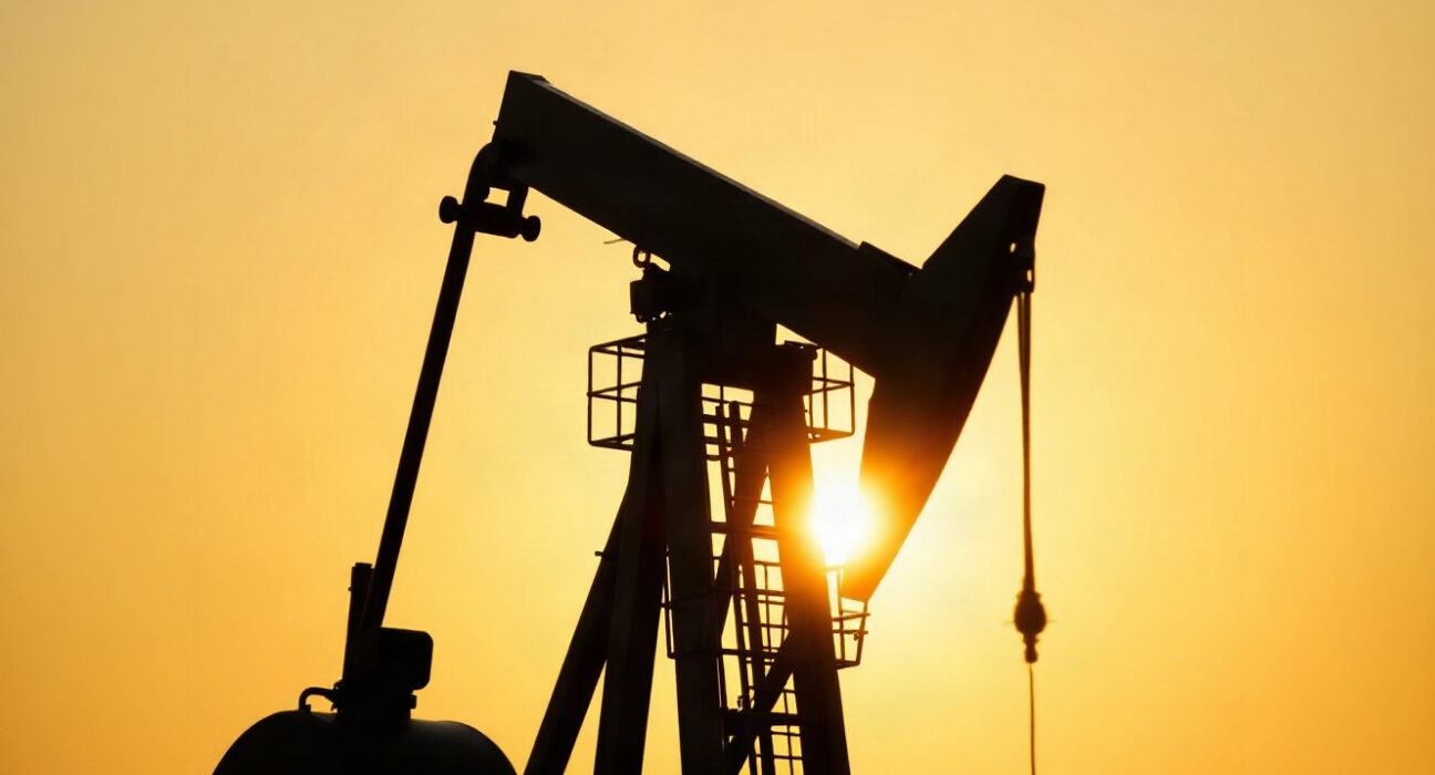 Oil pumpjack silhouette against sunset sky, representing crude oil supply and geopolitical diplomacy