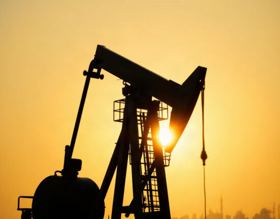 Oil pumpjack silhouette against sunset sky, representing crude oil supply and geopolitical diplomacy