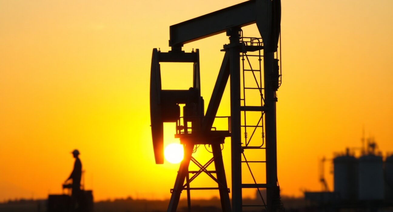 Crude oil pumpjack silhouetted against a sunset, symbolizing supply concerns as US-Iran deal hopes fade.