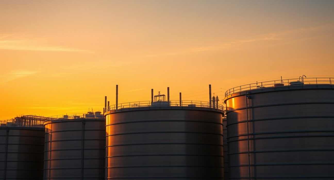 Crude oil storage tanks at sunset representing the oil market under sanctions waiver pressure.