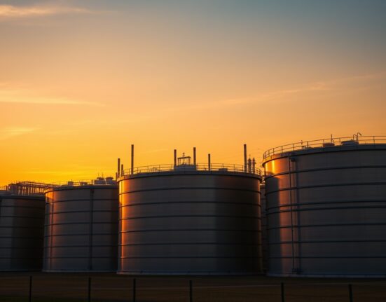 Crude oil storage tanks at sunset representing the oil market under sanctions waiver pressure.