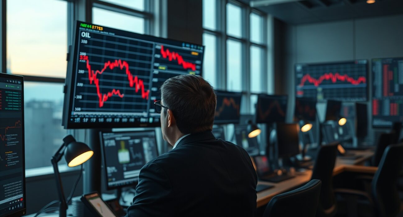Oil trader analyzing falling crude oil prices on trading desk monitors during market uncertainty