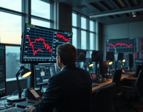 Oil trader analyzing falling crude oil prices on trading desk monitors during market uncertainty