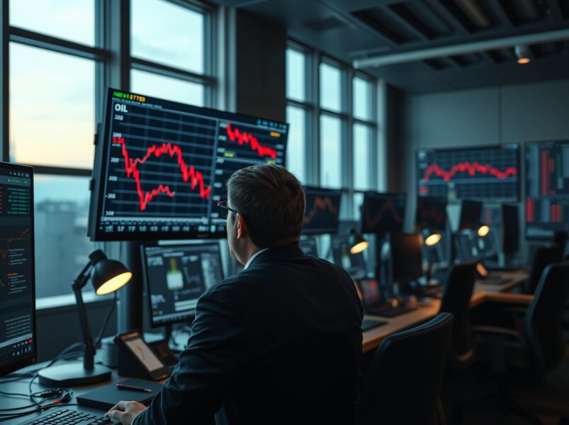 Oil trader analyzing falling crude oil prices on trading desk monitors during market uncertainty