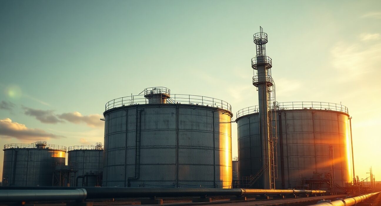 Crude oil storage tanks at an industrial facility under a warm sunset sky.