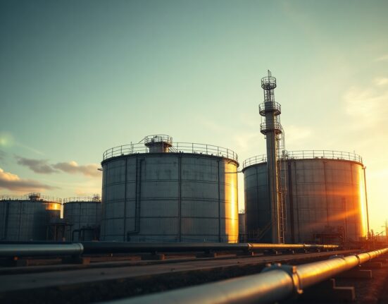 Crude oil storage tanks at an industrial facility under a warm sunset sky.