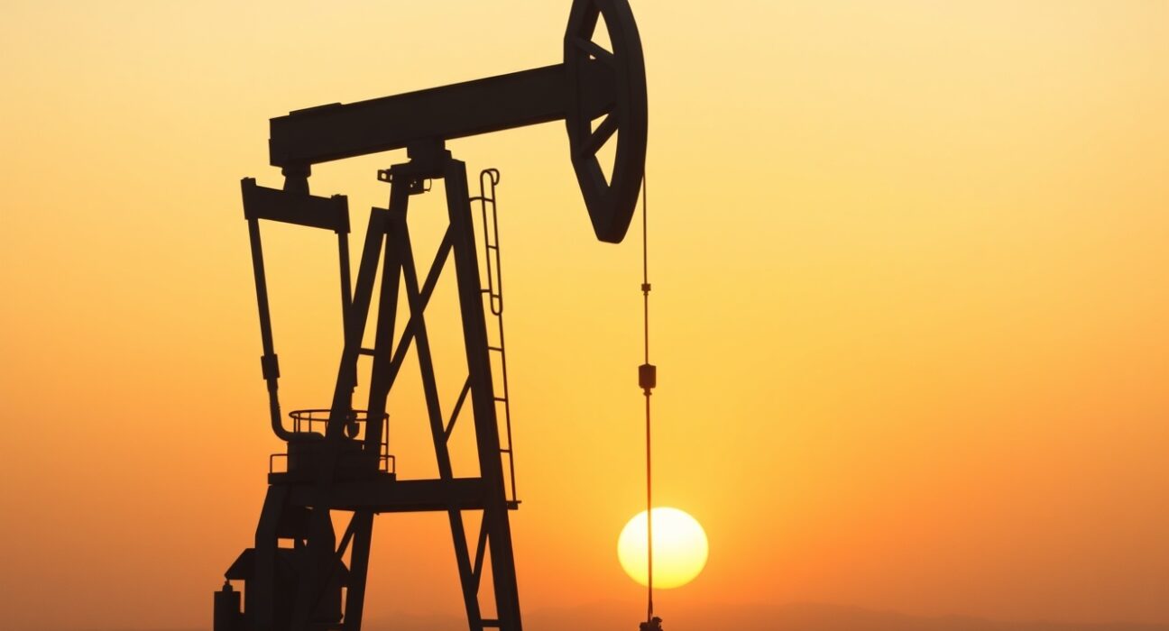 Oil pumpjack silhouette at sunset representing easing geopolitical tensions and falling oil prices