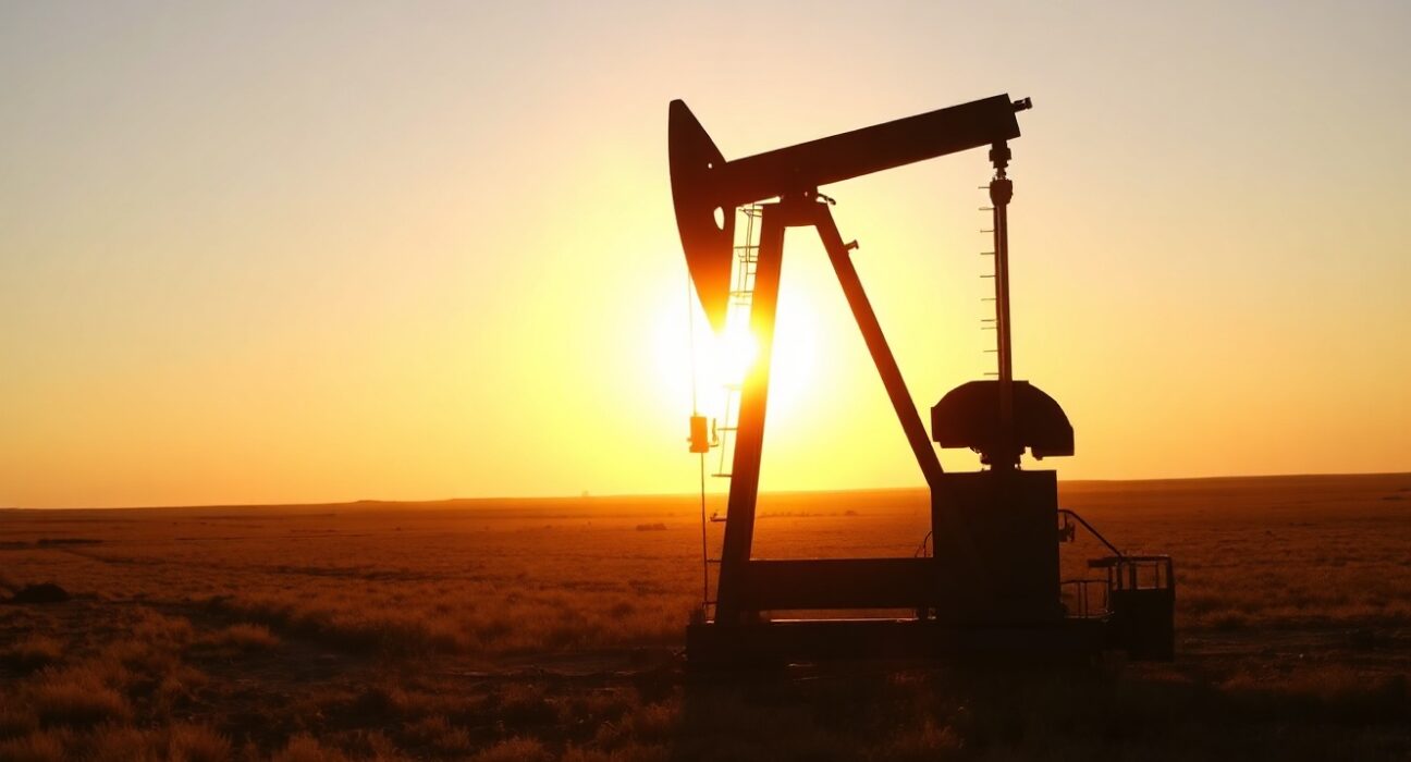 Oil pumpjack silhouetted at sunset in an oil field, representing crude oil supply and market conditions.