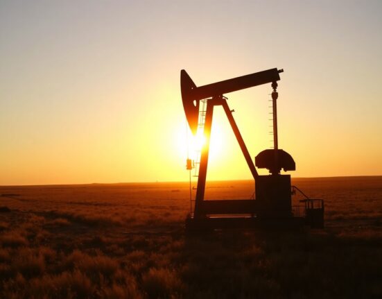 Oil pumpjack silhouetted at sunset in an oil field, representing crude oil supply and market conditions.