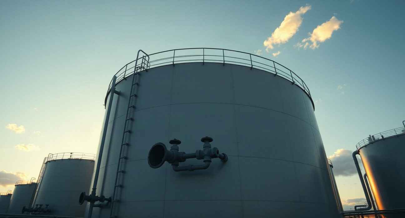 Oil storage tanks at an industrial facility under a clear sky, representing crude supply and market dynamics.