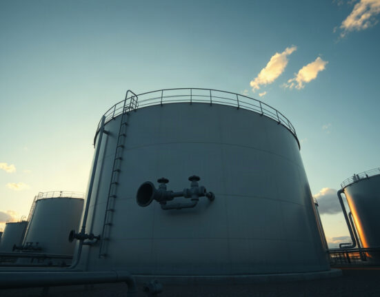Oil storage tanks at an industrial facility under a clear sky, representing crude supply and market dynamics.