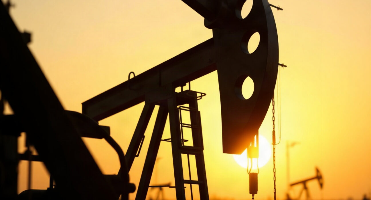 Oil pumpjack silhouetted against a sunset sky, representing oil market volatility