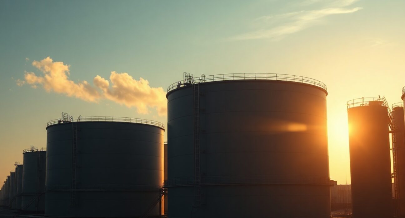Oil storage tanks at sunset as oil prices fall on US pause in hostilities
