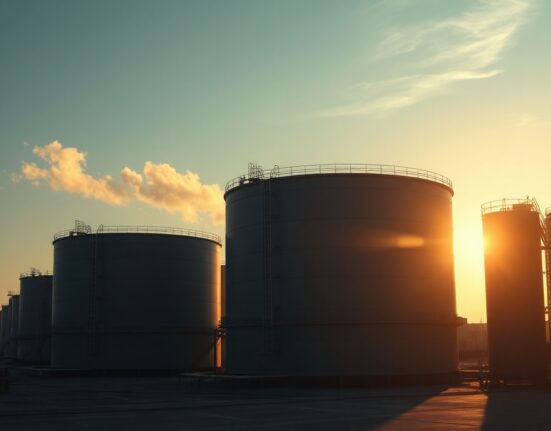 Oil storage tanks at sunset as oil prices fall on US pause in hostilities