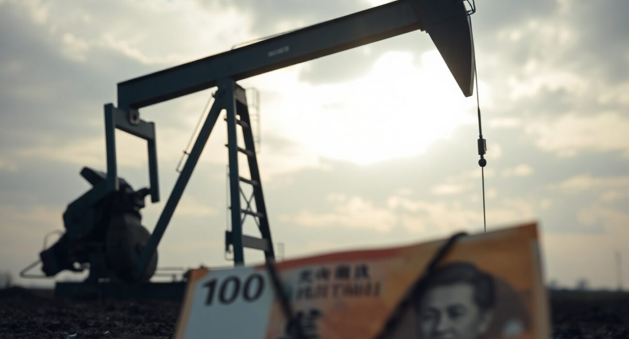 Oil pump jack with Japanese yen symbol in foreground, representing oil price drop and yen strength.