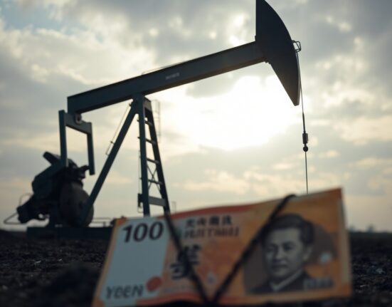 Oil pump jack with Japanese yen symbol in foreground, representing oil price drop and yen strength.