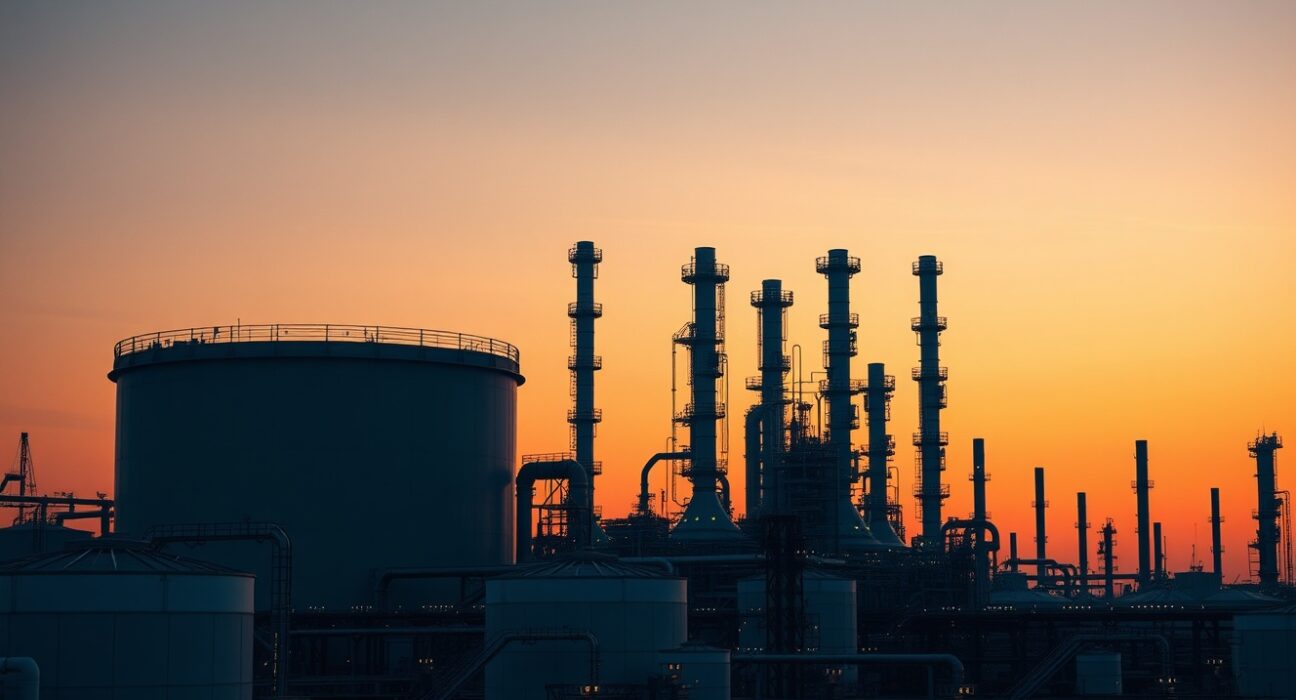 Oil refinery at dusk, symbolizing steady crude oil prices after market volatility.