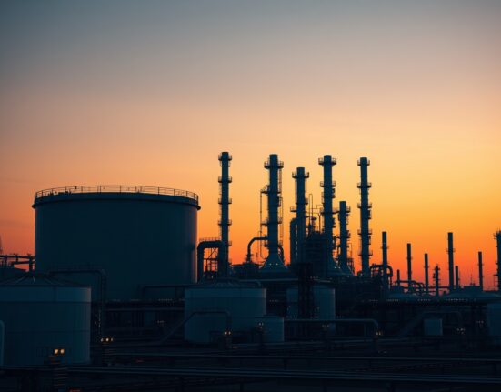 Oil refinery at dusk, symbolizing steady crude oil prices after market volatility.