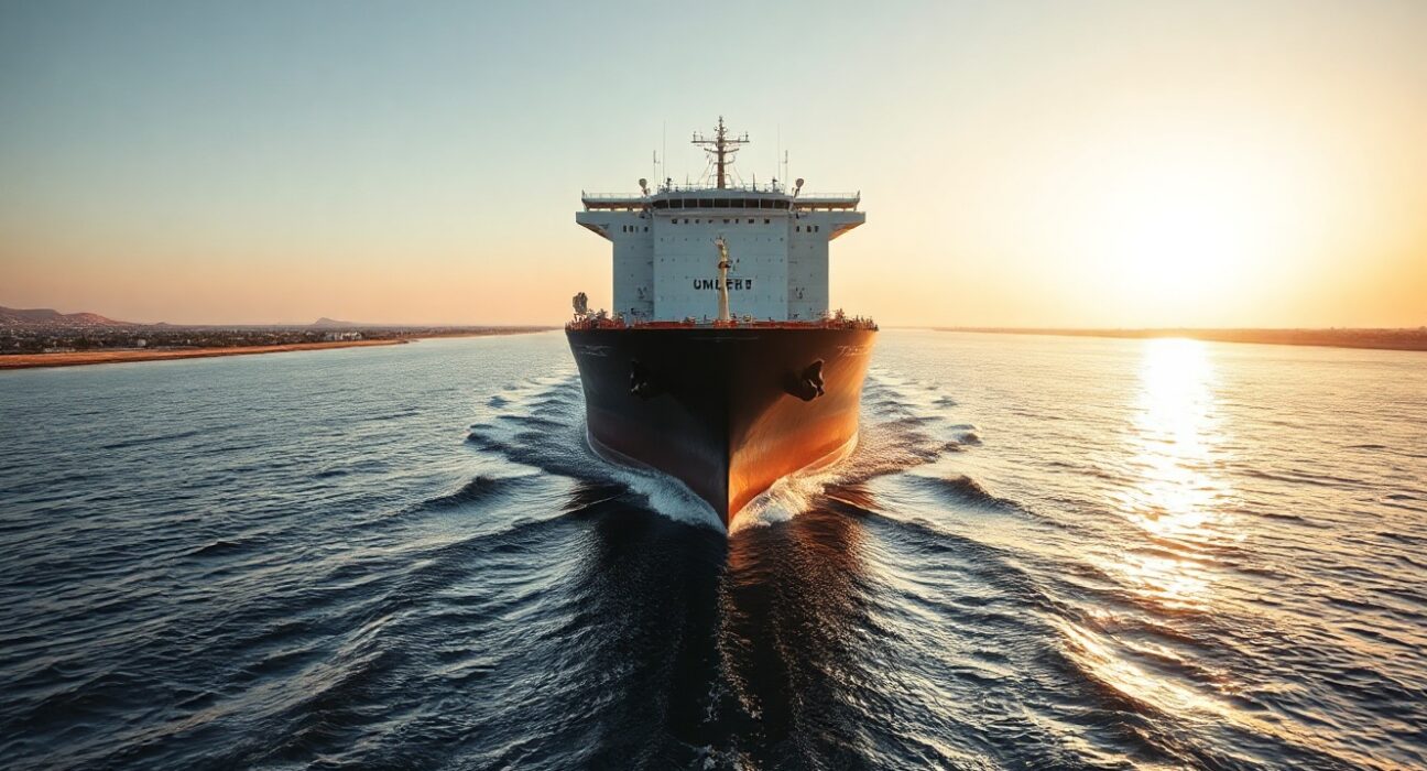 Oil tanker in the Strait of Hormuz at sunrise, representing geopolitical risk and oil market stability.