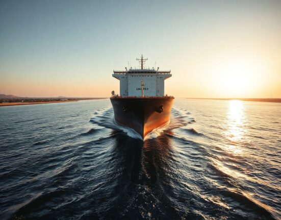 Oil tanker in the Strait of Hormuz at sunrise, representing geopolitical risk and oil market stability.